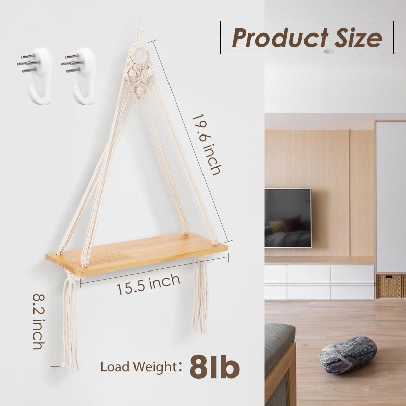 Sunkaioo Macrame Wall Hanging Shelf Set of 2,Boho Wooden Display Floating Shelves for Wall Decor with Handmade Woven Rope,Farmhouse Rustic Plant Shelf for Bedroom Dorm Nursery Living Room Bathroom - Image 2