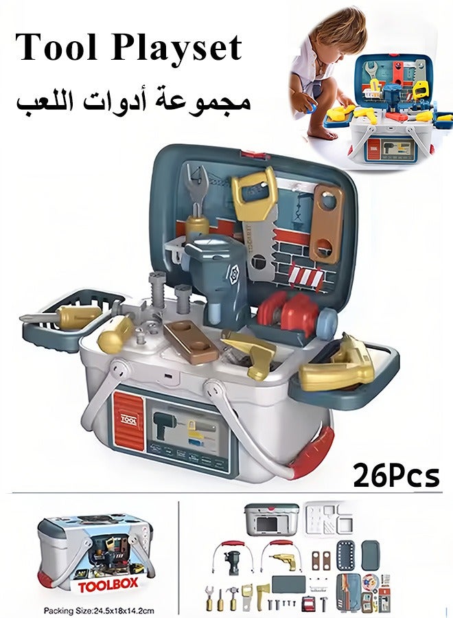 مجموعة أدوات للأطفال من ٢٦ قطعة، مقعد أدوات للأطفال مع صندوق أدوات وملحقات واقعية، ألعاب طاولة عمل للبناء، ألعاب تظاهر للأطفال، طاولة عمل متعددة الوظائف ومجموعة أدوات، مجموعة مقاعد للأطفال الصغار، مجموعات طاولة عمل للأطفال، ورشة أدوات، مجموعة ألعاب أدوات بناء، مجموعة أدوات إصلاح، صندوق أدوات هدية للأطفال  - Image 1
