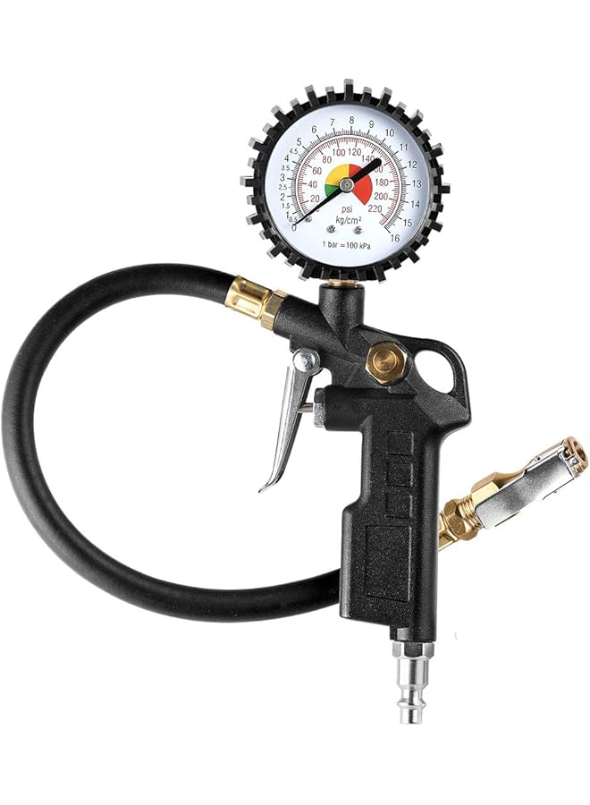 Tire Inflator Deflator Air Pressure Gauge With Rubber Hose, 2-1/2 Dial Wheel Inflator Gage With Straight Brass Lock-On Chuck Compatible With Air Pump Compressor For Rv Car Motorcycle Bike - Image 1