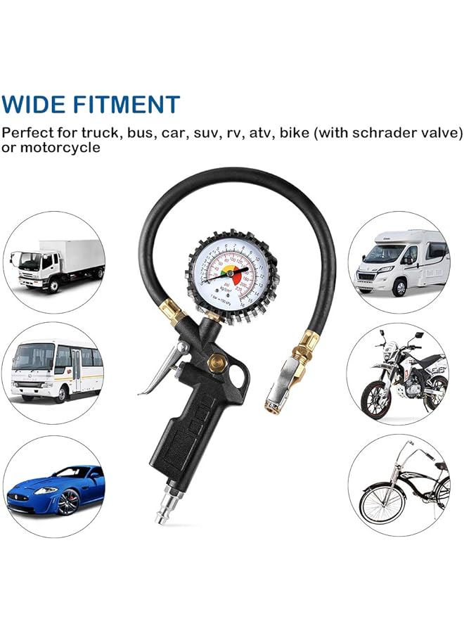 Tire Inflator Deflator Air Pressure Gauge With Rubber Hose, 2-1/2 Dial Wheel Inflator Gage With Straight Brass Lock-On Chuck Compatible With Air Pump Compressor For Rv Car Motorcycle Bike - Image 5