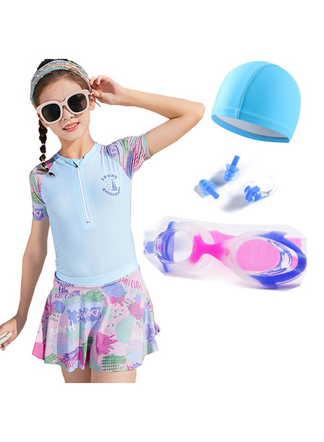 Loquat Professional Short Sleeve Training Suit For Middle And Big Kids Children Swimwear Printed One-Piece Skirt Suit For Girls-Color:Light Blue Four-piece Set- - Image 1