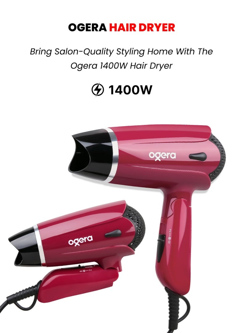 Ogera 1400W Foldable Hair Dryer – Compact & Lightweight Design, Powerful Motor, 3 Heat Settings, Overheat Protection, Travel-Friendly Blow Dryer for Men & Women – Model OG2702HD, Red 2 year warranty - Image 1