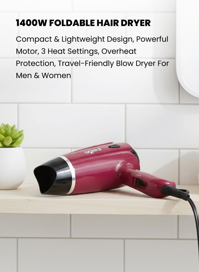 Ogera 1400W Foldable Hair Dryer – Compact & Lightweight Design, Powerful Motor, 3 Heat Settings, Overheat Protection, Travel-Friendly Blow Dryer for Men & Women – Model OG2702HD, Red 2 year warranty - Image 2