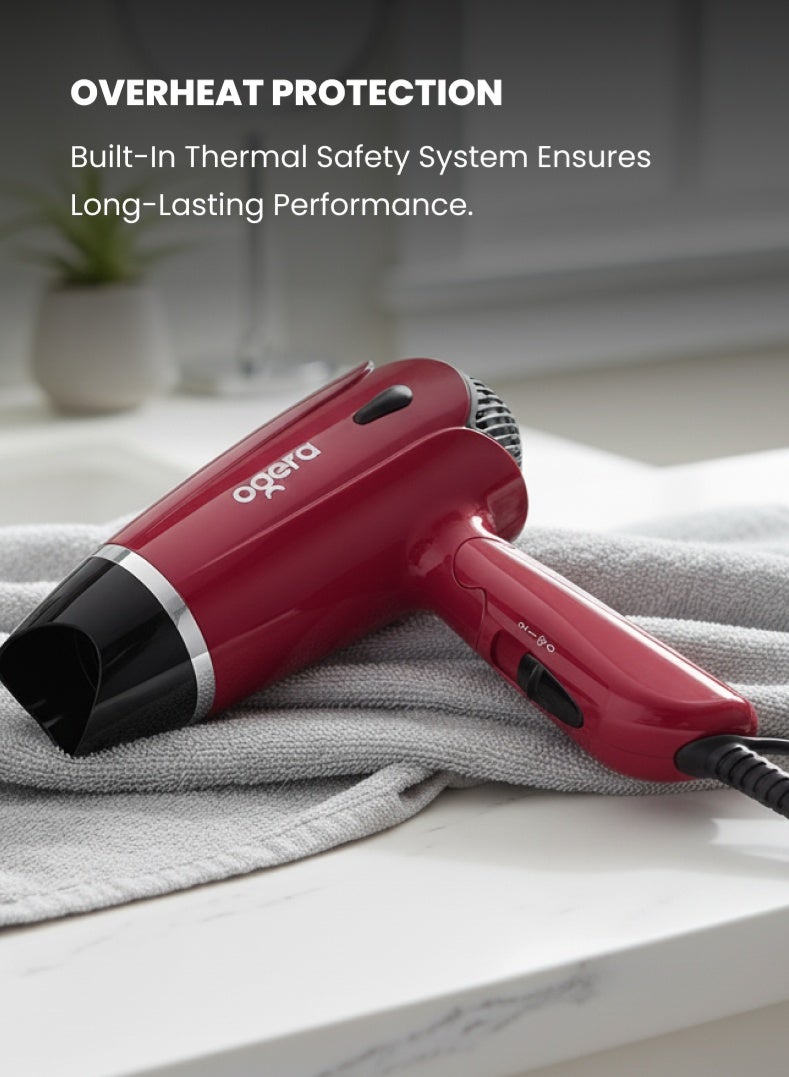 Ogera 1400W Foldable Hair Dryer – Compact & Lightweight Design, Powerful Motor, 3 Heat Settings, Overheat Protection, Travel-Friendly Blow Dryer for Men & Women – Model OG2702HD, Red 2 year warranty - Image 4