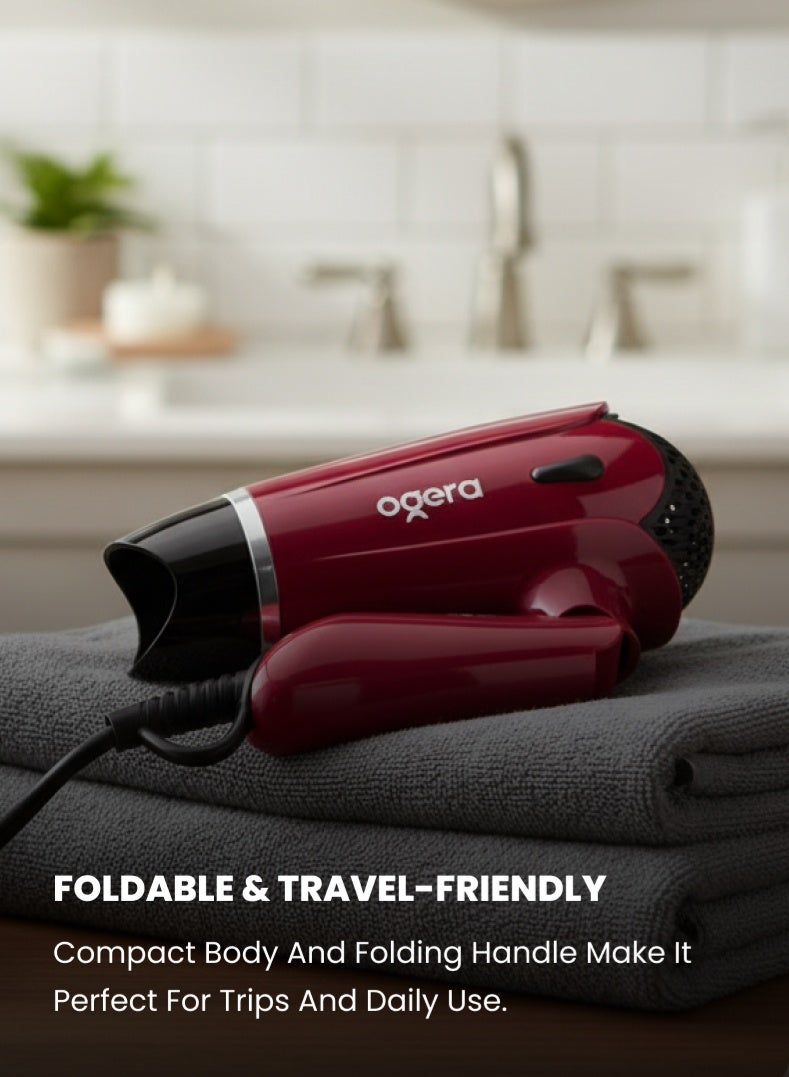 Ogera 1400W Foldable Hair Dryer – Compact & Lightweight Design, Powerful Motor, 3 Heat Settings, Overheat Protection, Travel-Friendly Blow Dryer for Men & Women – Model OG2702HD, Red 2 year warranty - Image 5