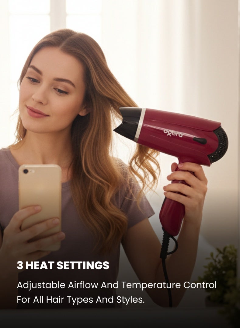 Ogera 1400W Foldable Hair Dryer – Compact & Lightweight Design, Powerful Motor, 3 Heat Settings, Overheat Protection, Travel-Friendly Blow Dryer for Men & Women – Model OG2702HD, Red 2 year warranty - Image 3