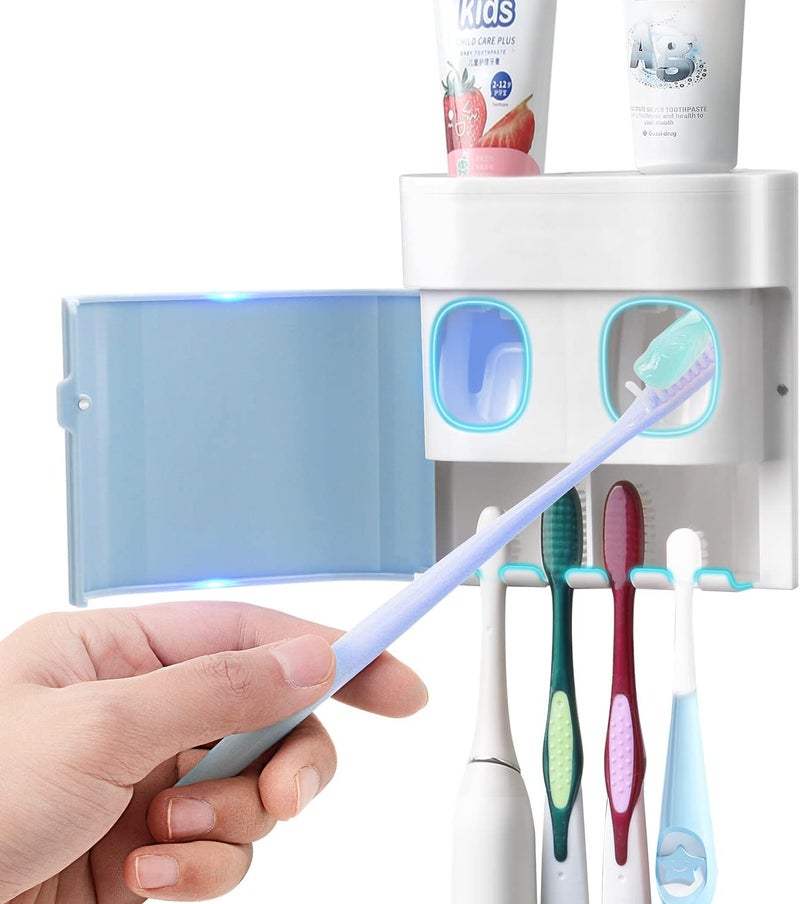 GFWARE Toothbrush Holder Toothpaste Dispenser Wall Mounted with Cover, 4 Slots Electric Tooth Brush Storage Organizer with 2 Automatic Kids Toothpaste Squeezers for Shower Bathroom Blue, Self Adhesive - Image 1