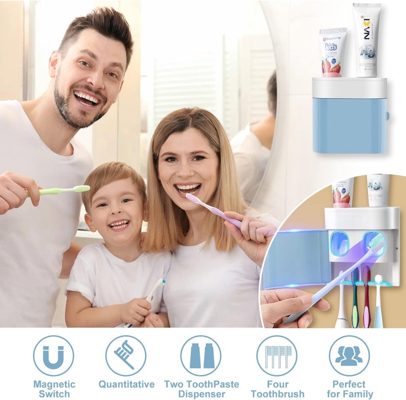 GFWARE Toothbrush Holder Toothpaste Dispenser Wall Mounted with Cover, 4 Slots Electric Tooth Brush Storage Organizer with 2 Automatic Kids Toothpaste Squeezers for Shower Bathroom Blue, Self Adhesive - Image 5