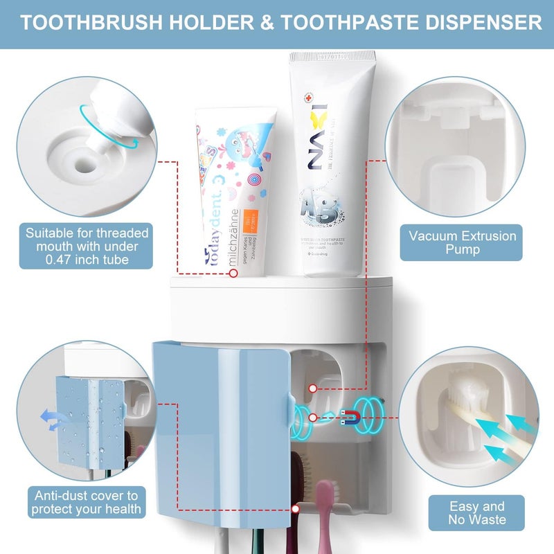 GFWARE Toothbrush Holder Toothpaste Dispenser Wall Mounted with Cover, 4 Slots Electric Tooth Brush Storage Organizer with 2 Automatic Kids Toothpaste Squeezers for Shower Bathroom Blue, Self Adhesive - Image 3