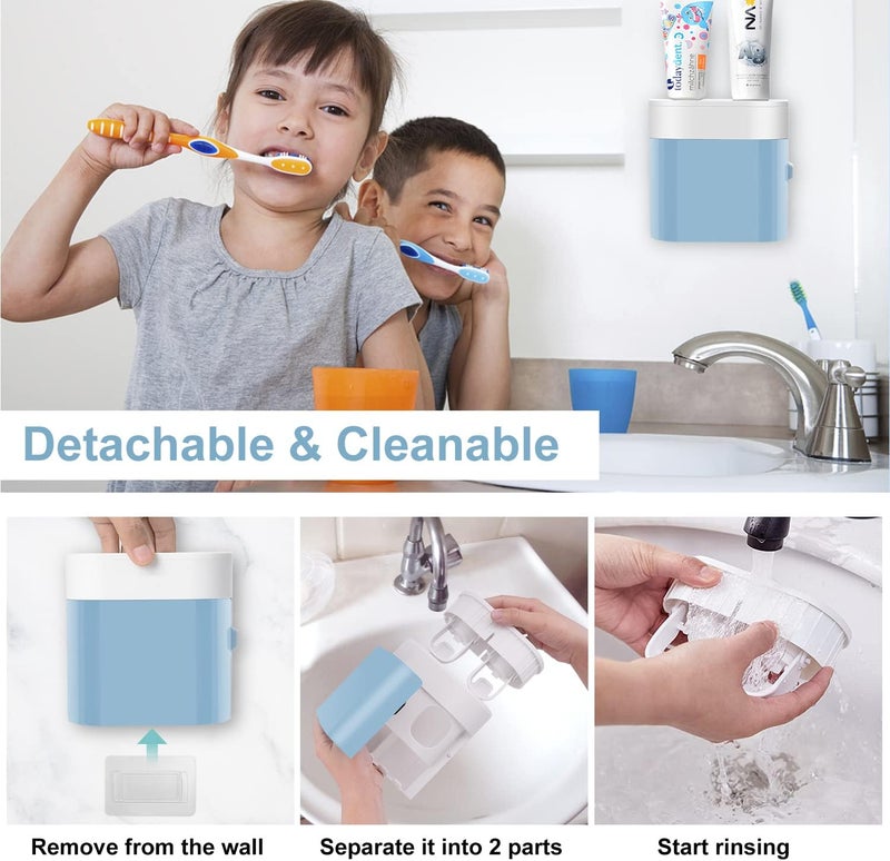 GFWARE Toothbrush Holder Toothpaste Dispenser Wall Mounted with Cover, 4 Slots Electric Tooth Brush Storage Organizer with 2 Automatic Kids Toothpaste Squeezers for Shower Bathroom Blue, Self Adhesive - Image 4