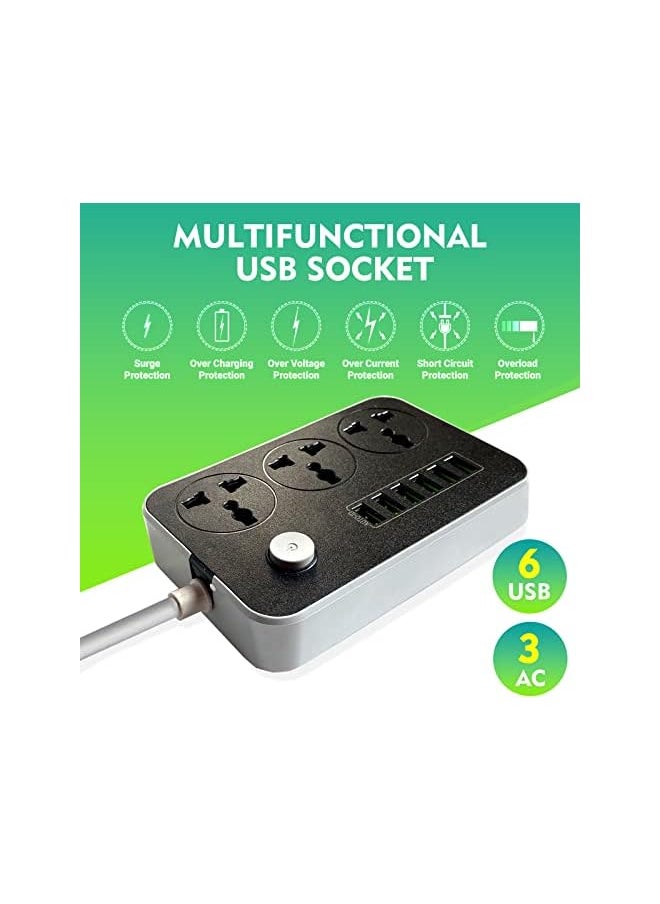 PROMASS promass Power Strips Extension Cord 3 Outlets, Power Socket with 6 USB Ports Universal Charging Socket with 2M Bold Extension Cord  - Image 2