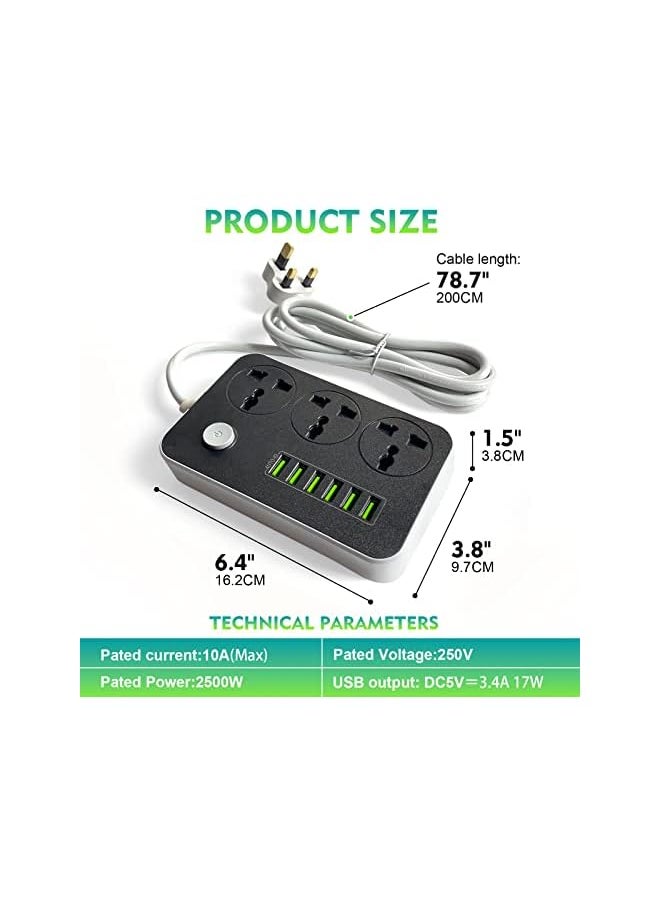 PROMASS promass Power Strips Extension Cord 3 Outlets, Power Socket with 6 USB Ports Universal Charging Socket with 2M Bold Extension Cord  - Image 4