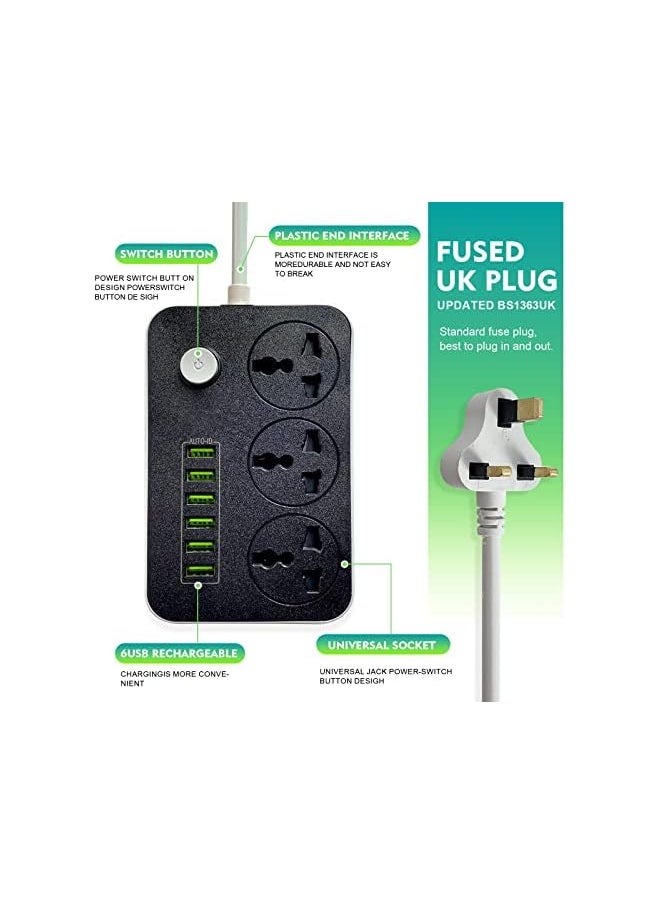 PROMASS promass Power Strips Extension Cord 3 Outlets, Power Socket with 6 USB Ports Universal Charging Socket with 2M Bold Extension Cord  - Image 3