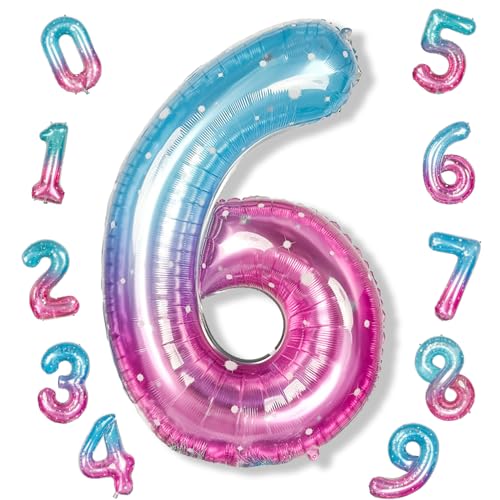 Isndare 40 Inch Balloon Number 6 Blue Pink Large Foil Mermaid 6 Balloons Number for Women Starry Rainbow Globos de Numero 6 Helium Balloons for Girls 6th Birthday Anniversary Graduation Party Decorations - Image 1