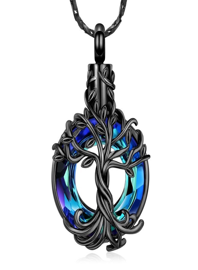 Imrsanl Tree of Life Urn Necklace for Men Women Cremation Jewelry with Circle Crystal Memorial Keepsake Jewelry Gifts for Human Adult Ashes (Black-Blue) - Image 1