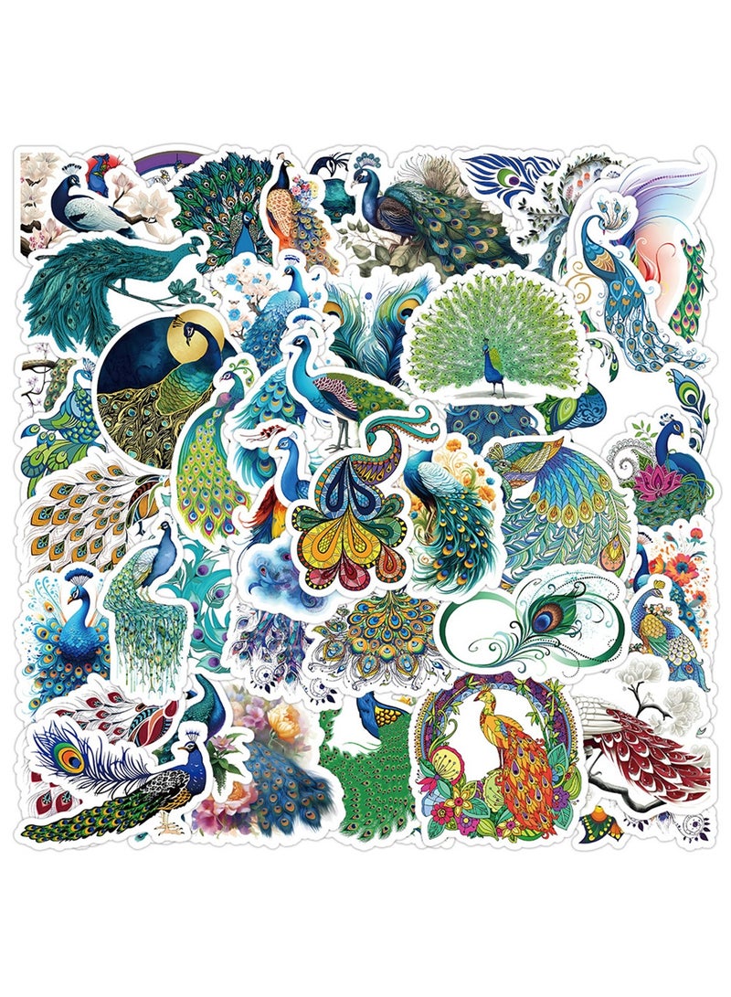 50Pcs Peacock Stickers Pack for Boys Girls Teens, Beautiful Colourful Peacock Waterproof Vinyl Stickers and Decals for Laptop Skateboard Phone Computer Guitar Bumper Water Bottle Luggage Cars - Image 1