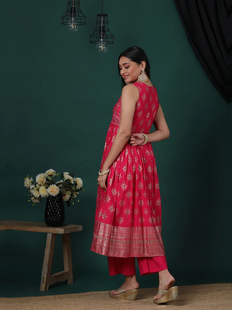 globus Women Ethnic Motifs Printed Pleated Kurta With Palazzos