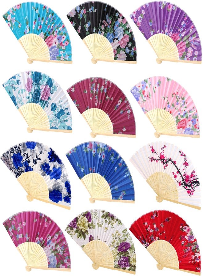 Aodaer 12 Pieces Floral Folding Fans Silk Bamboo Handheld Folding Fans Vintage Flower Patterns Fan, 9 Inch for Wedding Dancing Party Decor, Multicolor - Image 1