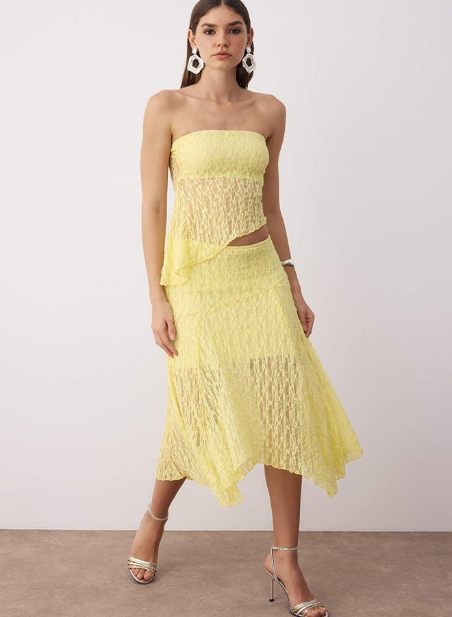 trendyol Light Yellow Straight Strapless Sleeveless Knitted Lace Stylish/Evening Bottom - Top Set - Image 1