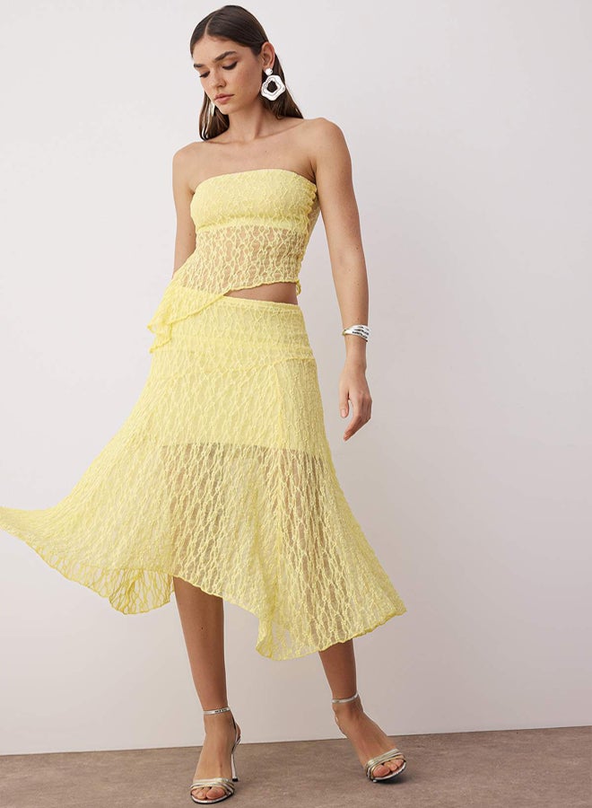 trendyol Light Yellow Straight Strapless Sleeveless Knitted Lace Stylish/Evening Bottom - Top Set - Image 2