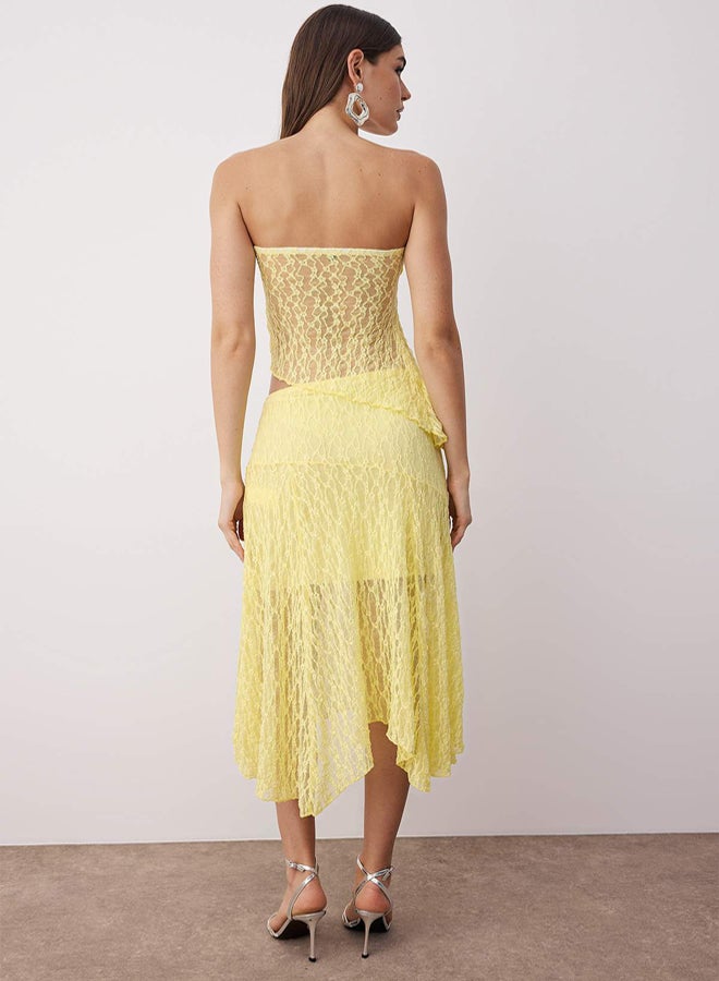 trendyol Light Yellow Straight Strapless Sleeveless Knitted Lace Stylish/Evening Bottom - Top Set - Image 4
