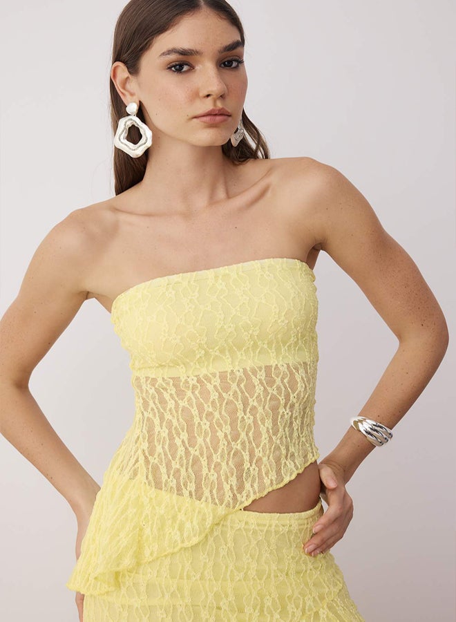 trendyol Light Yellow Straight Strapless Sleeveless Knitted Lace Stylish/Evening Bottom - Top Set - Image 3