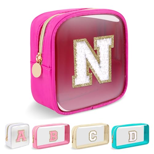 Iqimott Mini Clear Personalized Initial Makeup BagNylon Preppy AZ Chenille Letter Patch Zipper Cosmetic Bag Small Cute Beach Pouch Travel Purse Sanitary Napkin Storage Bag for Women GirlsHot PinkWhite N - Image 1