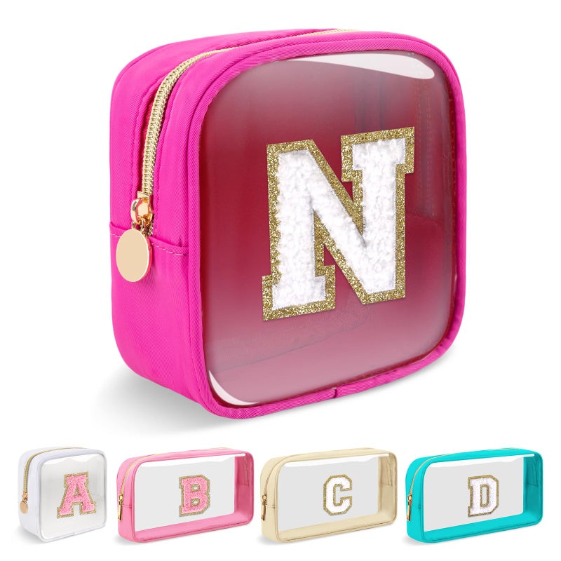 Iqimott Mini Clear Personalized Initial Makeup BagNylon Preppy AZ Chenille Letter Patch Zipper Cosmetic Bag Small Cute Beach Pouch Travel Purse Sanitary Napkin Storage Bag for Women GirlsHot PinkWhite N - Image 2
