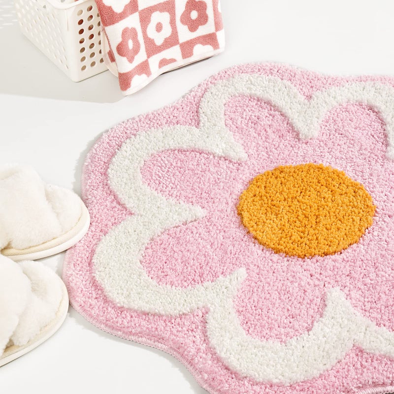TRUEDAYS Cute Pink Flower Bath Mat, Machine Washable Bath Rug, Ultra Soft and Fluffy Bathroom Mat, Small Round Non-Slip Water Absorbent Bath Mats for Bathroom Floor, Shower Room and Bathtub - Image 1