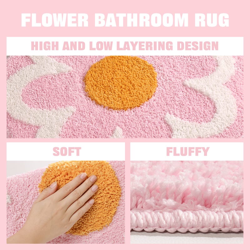 TRUEDAYS Cute Pink Flower Bath Mat, Machine Washable Bath Rug, Ultra Soft and Fluffy Bathroom Mat, Small Round Non-Slip Water Absorbent Bath Mats for Bathroom Floor, Shower Room and Bathtub - Image 5