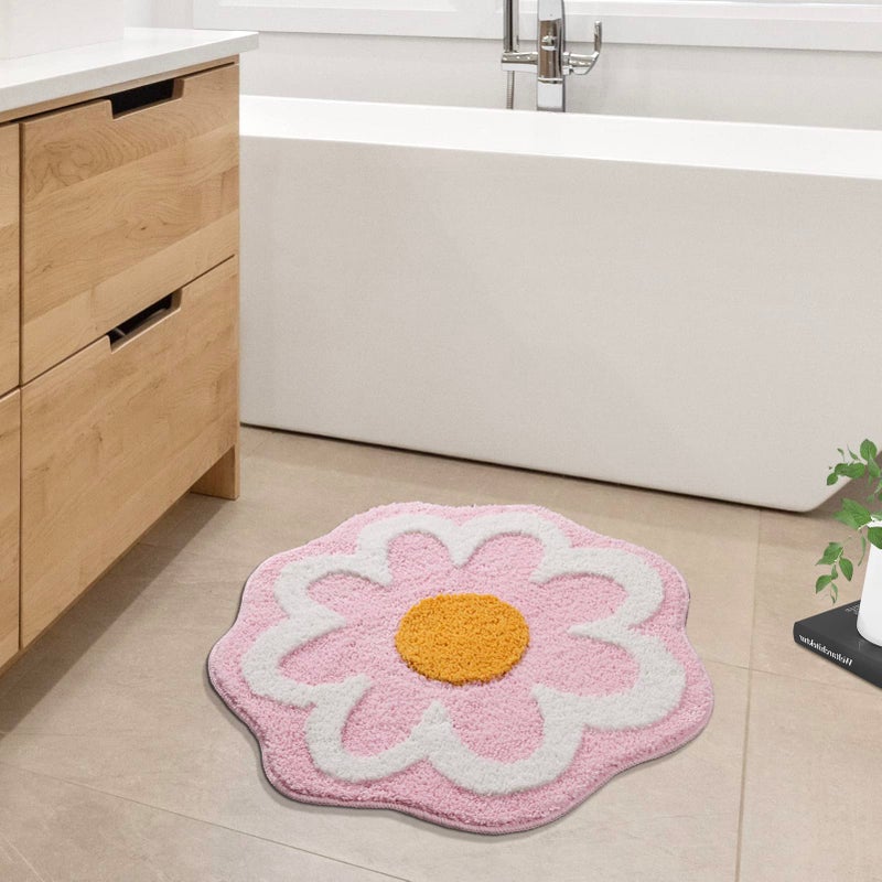 TRUEDAYS Cute Pink Flower Bath Mat, Machine Washable Bath Rug, Ultra Soft and Fluffy Bathroom Mat, Small Round Non-Slip Water Absorbent Bath Mats for Bathroom Floor, Shower Room and Bathtub - Image 2