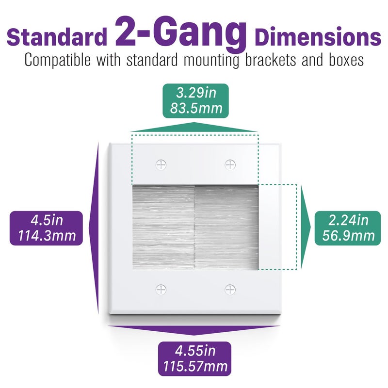 Fosmon 2-Gang Brush Wall Plate, Double Gang Cable Management Kit for Cable pass through, Wire Cord Hider for Wall Mounted TV, Coaxial, HDMI, Ethernet Speaker Low Voltage Wires and Power Cords- White - Image 2