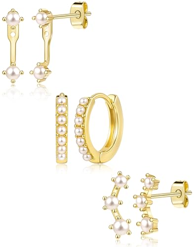 Poxtex Created Pearl Earrings for Women, Gold Created Pearl Stud Huggie Hoop Jacket Earring Stack, Dainty Pearl Jewelry Gifts Summer Accessories Trendy - Image 1