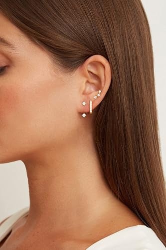 Poxtex Created Pearl Earrings for Women, Gold Created Pearl Stud Huggie Hoop Jacket Earring Stack, Dainty Pearl Jewelry Gifts Summer Accessories Trendy - Image 4