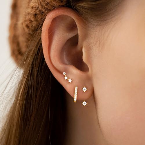 Poxtex Created Pearl Earrings for Women, Gold Created Pearl Stud Huggie Hoop Jacket Earring Stack, Dainty Pearl Jewelry Gifts Summer Accessories Trendy - Image 5