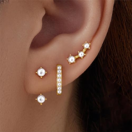 Poxtex Created Pearl Earrings for Women, Gold Created Pearl Stud Huggie Hoop Jacket Earring Stack, Dainty Pearl Jewelry Gifts Summer Accessories Trendy - Image 2