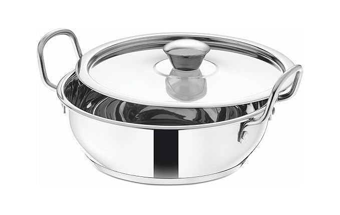 Shritik Stainless Steel Kadhai with Glass Lid - 1.6 Litre, 19cm | Extra Thick, SAS Heavy Bottom | Kadai for Cooking | Induction and Gas Base | 2 Year Warranty - Silver - Image 1