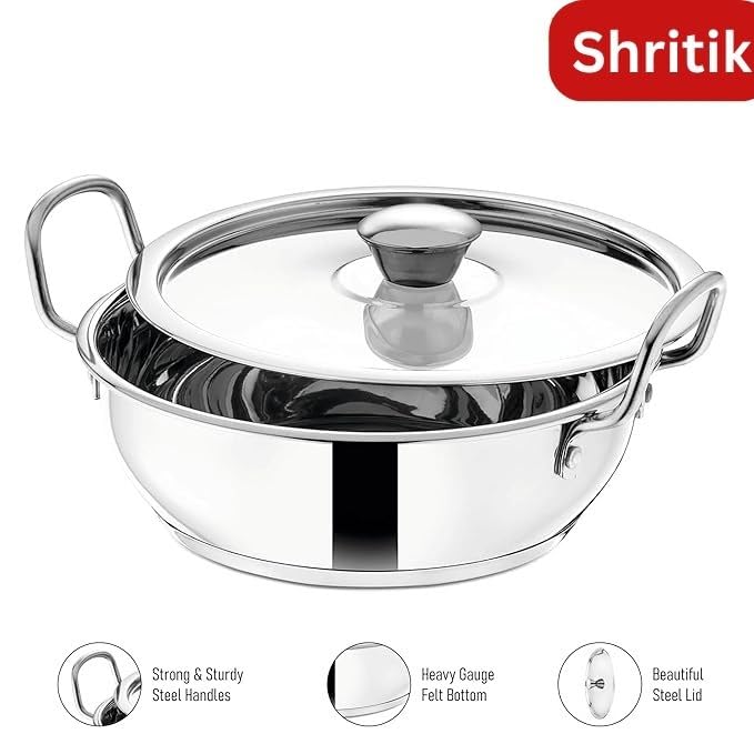 Shritik Stainless Steel Kadhai with Glass Lid - 1.6 Litre, 19cm | Extra Thick, SAS Heavy Bottom | Kadai for Cooking | Induction and Gas Base | 2 Year Warranty - Silver - Image 2