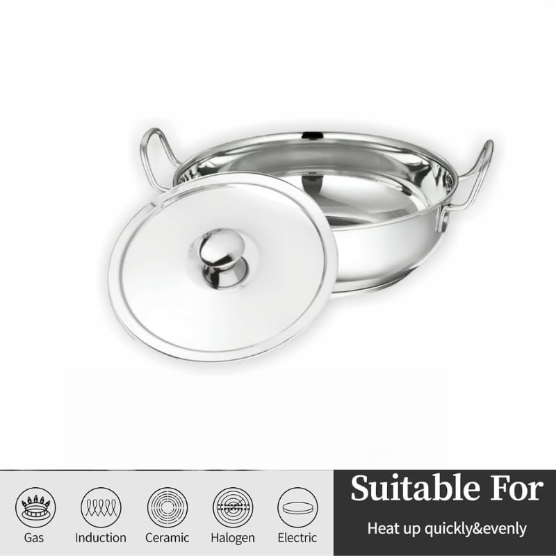 Shritik Stainless Steel Kadhai with Glass Lid - 1.6 Litre, 19cm | Extra Thick, SAS Heavy Bottom | Kadai for Cooking | Induction and Gas Base | 2 Year Warranty - Silver - Image 5
