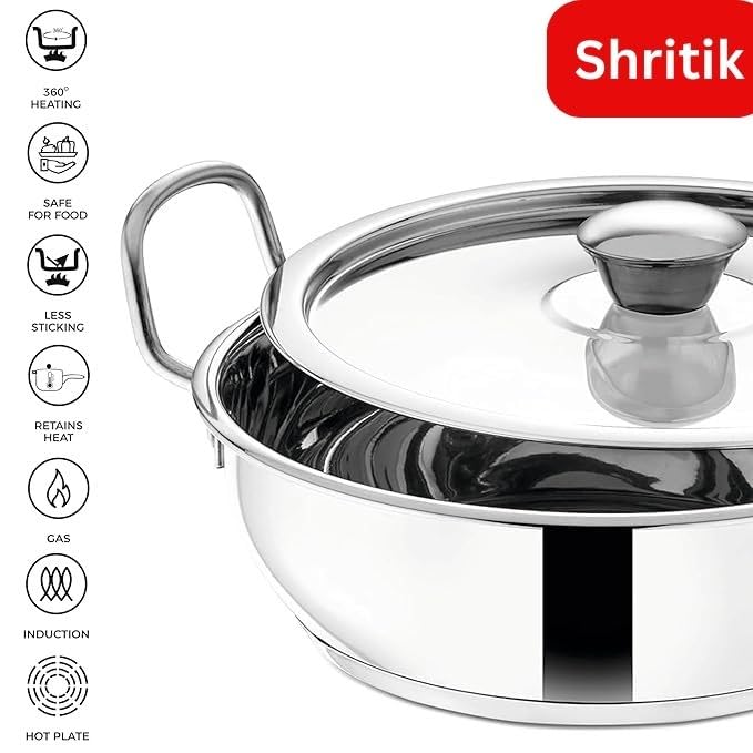 Shritik Stainless Steel Kadhai with Glass Lid - 1.6 Litre, 19cm | Extra Thick, SAS Heavy Bottom | Kadai for Cooking | Induction and Gas Base | 2 Year Warranty - Silver - Image 3