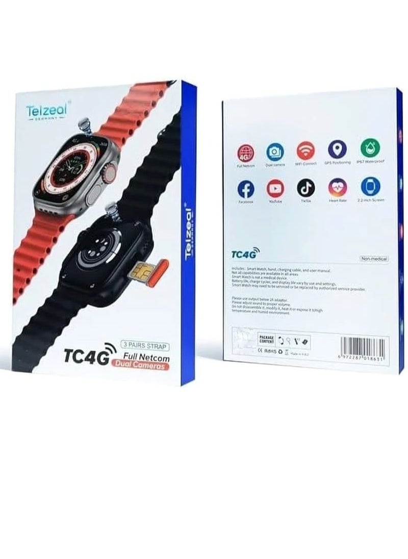 Telzeal - Smart Watch TC4G Dual Camera 2.2 inch Full Display 4G With 3 Pairs Straps Compatible With iOS and Android Men's and Women's - Image 1
