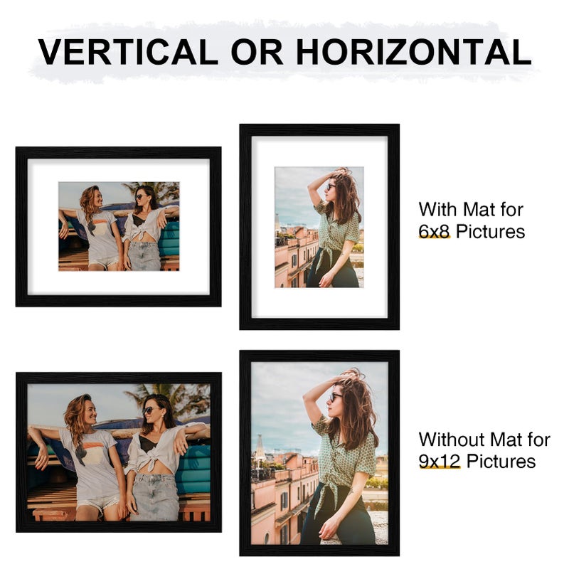Vittanly 9x12 Picture Frame for Wall Set of 9  Display 6x8 Pictures with Mat or 9x12 without Mat  Collage Frames for Wall or Tabletop  Perfect for Home D?cor  Black - Image 5