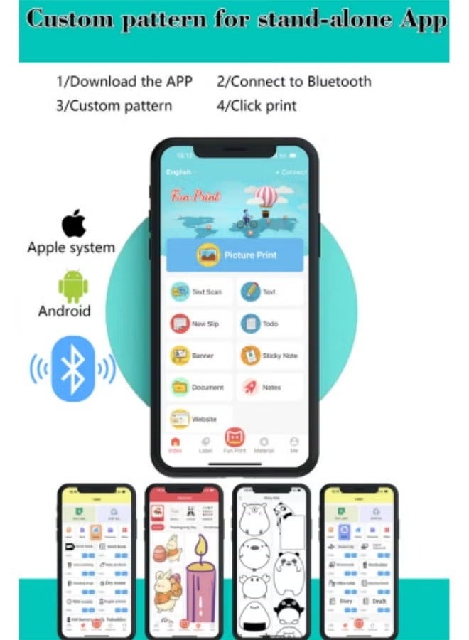 طابعة حرارية محمولة عالية الدقة صغيرة الحجم مزودة بـ 1 لفة من الورق الحراري + 5 لفات من الورق الحراري + 3 لفات من الورق الملون + 5 لفات من الملصقات + 6 أقلام ألوان مائية + ملصقات محمولة لاسلكية تعمل - Image 4