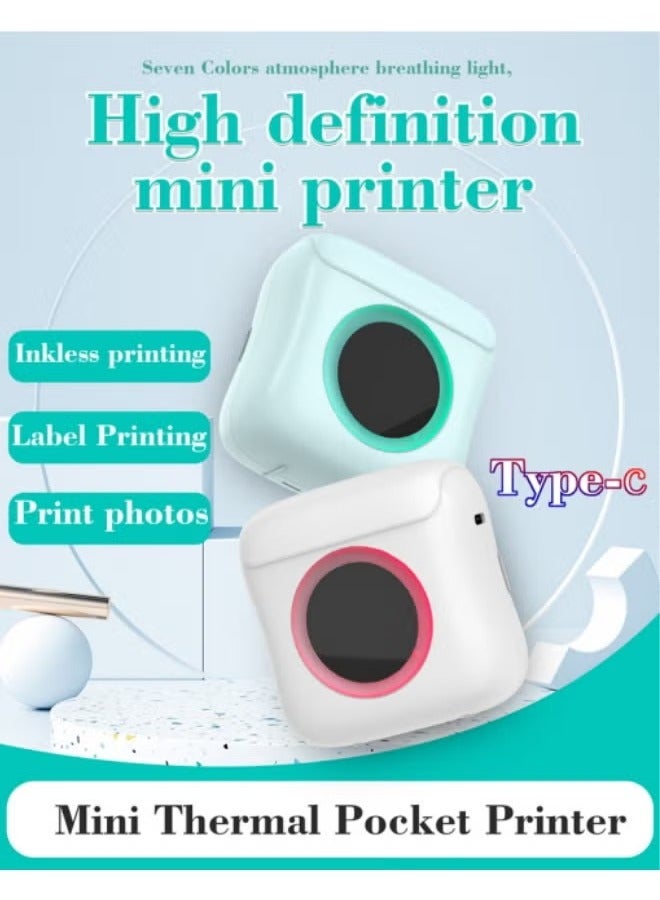طابعة حرارية محمولة عالية الدقة صغيرة الحجم مزودة بـ 1 لفة من الورق الحراري + 5 لفات من الورق الحراري + 3 لفات من الورق الملون + 5 لفات من الملصقات + 6 أقلام ألوان مائية + ملصقات محمولة لاسلكية تعمل - Image 2
