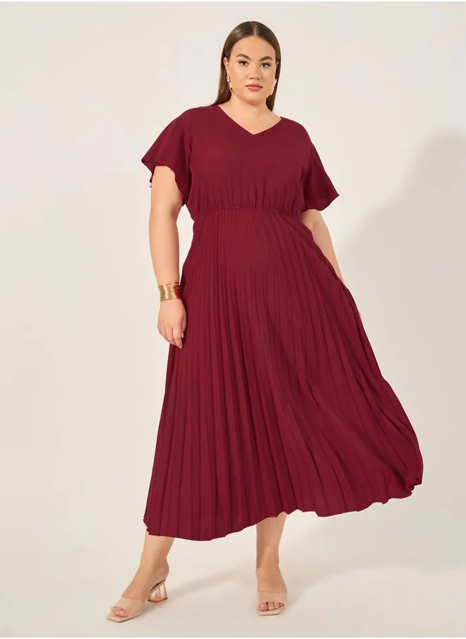 ستايلي Plus Size Solid Accordion Pleated A-Line Midi Dress