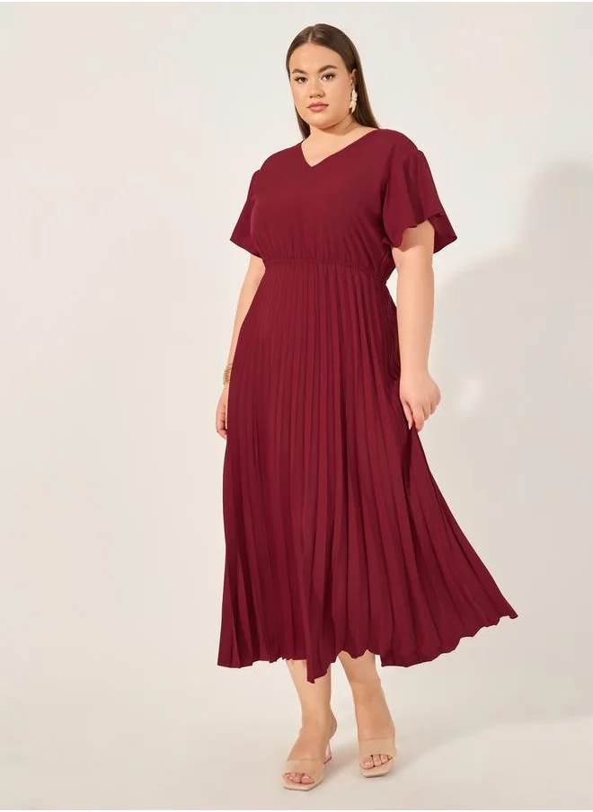 ستايلي Plus Size Solid Accordion Pleated A-Line Midi Dress