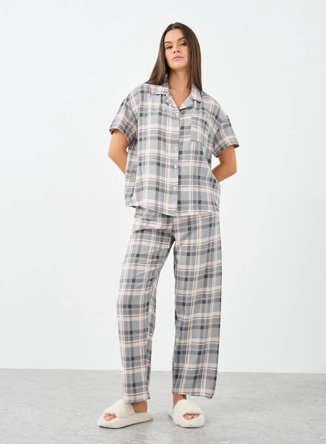 ستايلي Styli Checked Button Through Shirt and Pyjama Set