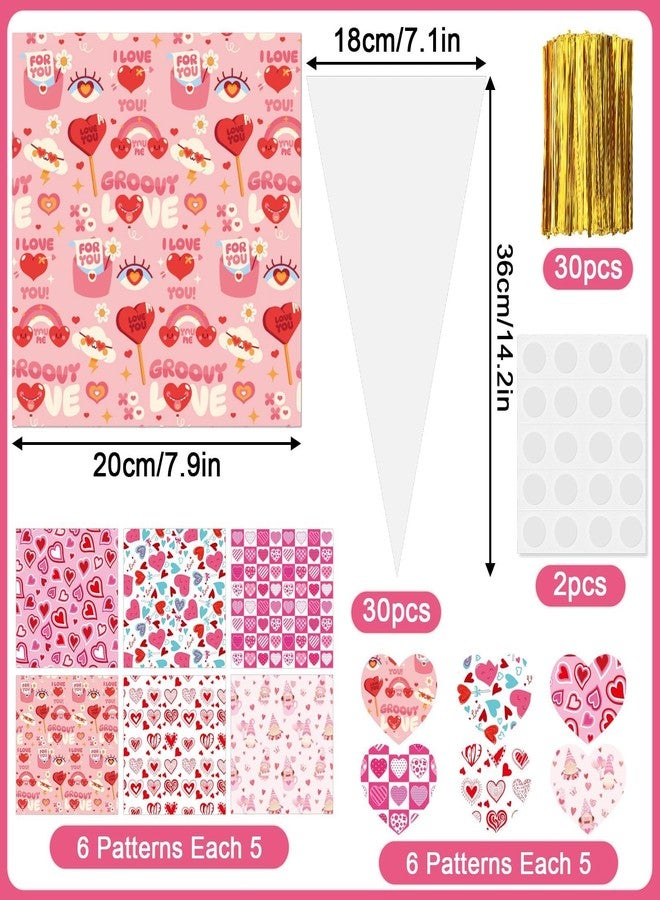 JULBEAR 30-Pack Valentine's Day Craft Kit for Kids Valentine's Day DIY Treat Bags Kit, Cone Bags, Wrapping Paper Heart Labels for Classroom Parties, Gifts Crafts - Image 2