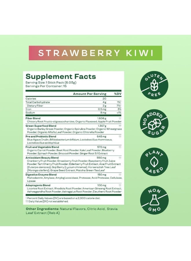 Bloom Nutrition Greens and Superfoods Powder Packets for Digestive Health, Greens Powder, Digestive Enzymes, Probiotics, Spirulina, Chlorella for Bloating & Gut Support, 15 Stick, Strawberry Kiwi - Image 2