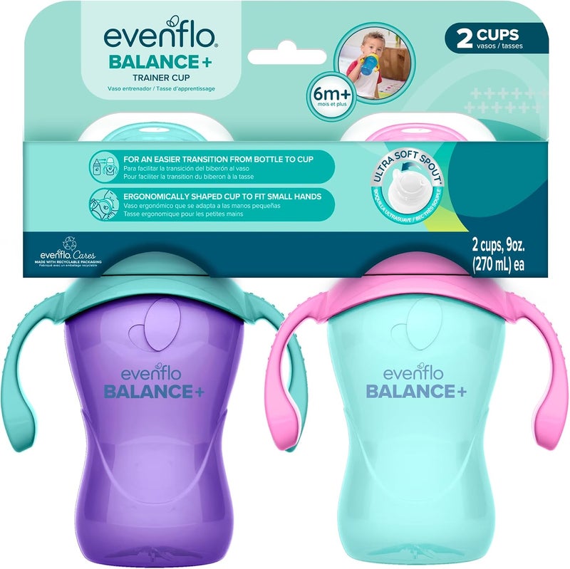 إيفين فلو فيدينغ Evenflo Balance+ Trainer Cups for Babies 6+ Months, Purple and Mint, Ergonomic Design with Handles, 9oz, 2 Pack - Image 1